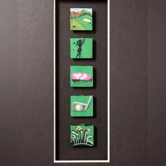 Hand Painted Miniature Golf Art Shadow Box Framed Magnetic Tiles - Picture 3 of 6